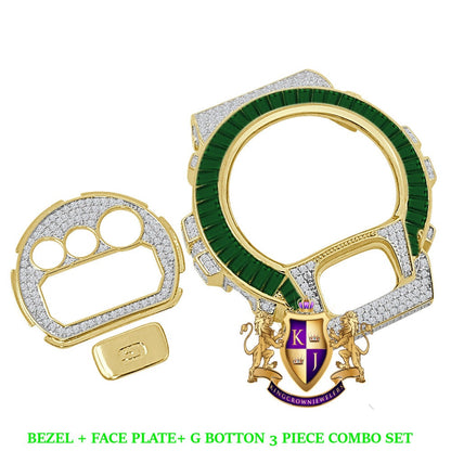 Baguette Emerald Green Yellow Gold Tone G Shock DW-6900 Simulated Diamond Watch Custom Cover Case Face Plate + Bezel + G Button 3 Piece Set