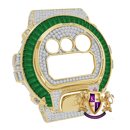Baguette Emerald Green Yellow Gold Tone G Shock DW-6900 Simulated Diamond Watch Custom Cover Case Face Plate + Bezel + G Button 3 Piece Set
