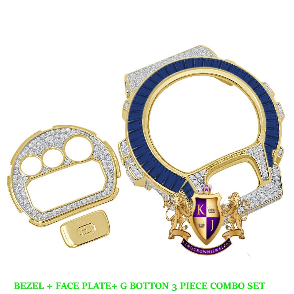 Baguette Sapphire Blue Yellow Gold Tone G Shock DW-6900 Simulated Diamond Watch Custom Cover Case Face Plate + Bezel + G Button 3 Piece Set