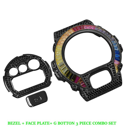 Baguette Rainbow Multi Black Gold G Shock DW-6900 Simulated Diamond Watch Custom Cover Case Face Plate + Bezel + G Button 3 Piece Set