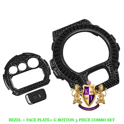 Baguette Black Gold G Shock DW-6900 Simulated Diamond Watch Custom Cover Case Face Plate + Bezel + G Button 3 Piece Set