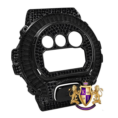 Baguette Black Gold G Shock DW-6900 Simulated Diamond Watch Custom Cover Case Face Plate + Bezel + G Button 3 Piece Set