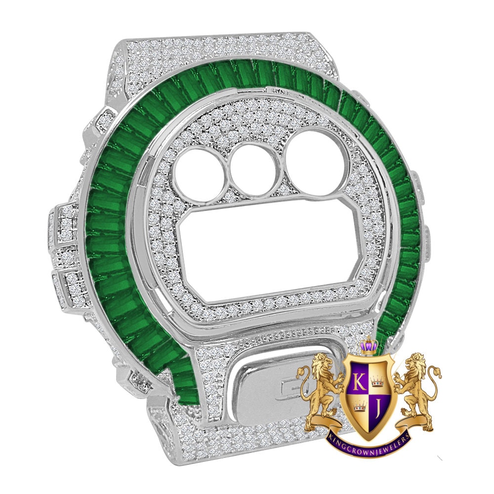 Baguette Emerald Green White Gold Tone G Shock DW-6900 Simulated Diamond Watch Custom Cover Case Face Plate + Bezel + G Button 3 Piece Set