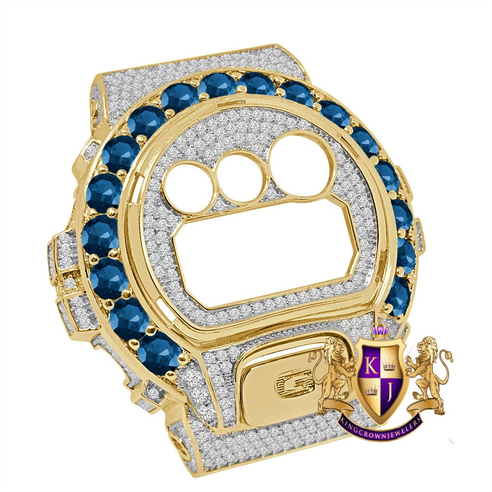 Solitaire Sapphire Blue Yellow Gold G Shock DW-6900 Simulated Diamond Watch Custom Cover Case Face Plate + Bezel + G Button 3 Piece Set