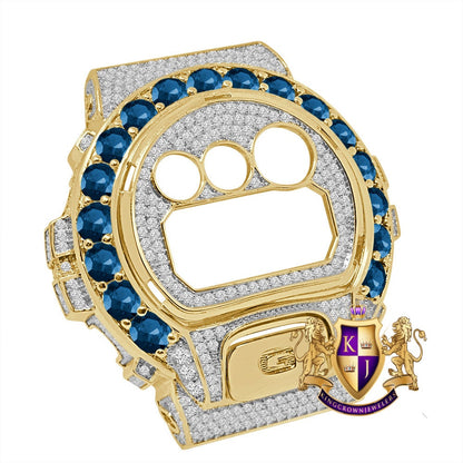 Solitaire Sapphire Blue Yellow Gold G Shock DW-6900 Simulated Diamond Watch Custom Cover Case Face Plate + Bezel + G Button 3 Piece Set