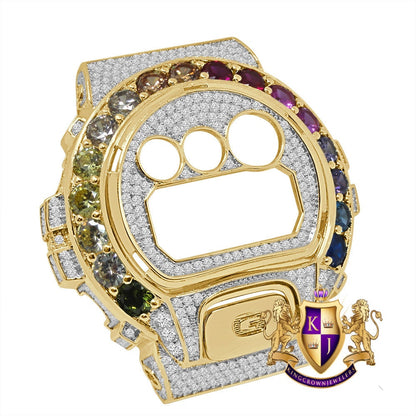 Solitaire Rainbow Multi Yellow Gold G Shock DW-6900 Simulated Diamond Watch Custom Cover Case Face Plate + Bezel + G Button 3 Piece Set