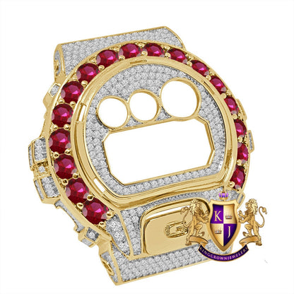 Solitaire Pink Yellow Gold G Shock DW-6900 Simulated Diamond Watch Custom Cover Case Face Plate + Bezel + G Button 3 Piece Set