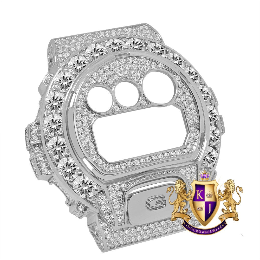 Solitaire White Gold Finish G Shock DW-6900 Simulated Diamond Watch Custom Cover Case Face Plate + Bezel + G Button 3 Piece Set