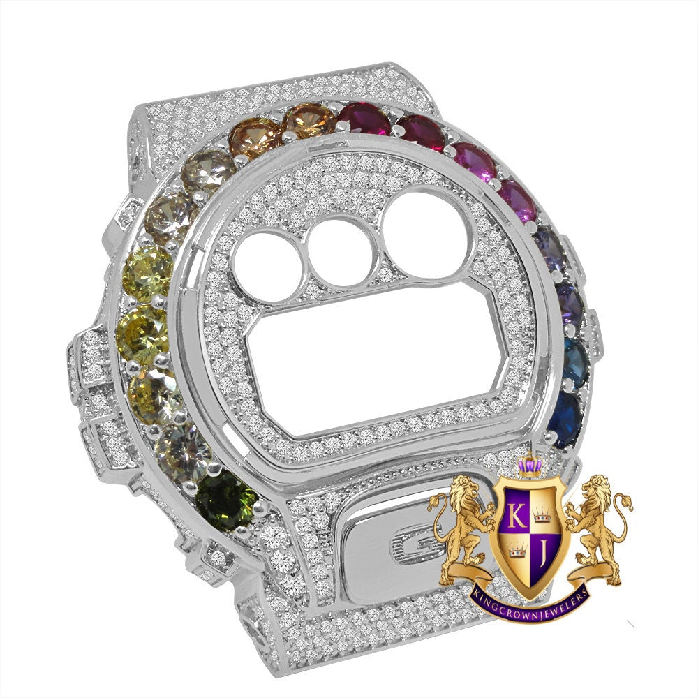 Solitaire Rainbow Multi White Gold Tone G Shock DW-6900 Simulated Diamond Watch Custom Cover Case Face Plate + Bezel + G Button 3 Piece Set