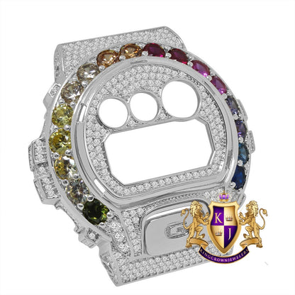 Solitaire Rainbow Multi White Gold Tone G Shock DW-6900 Simulated Diamond Watch Custom Cover Case Face Plate + Bezel + G Button 3 Piece Set
