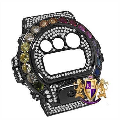 2 Tone Black Gold Solitaire Rainbow Multi G Shock DW-6900 Simulated Diamond Watch Custom Cover Case Face Plate + Bezel + G Button 3 Piece