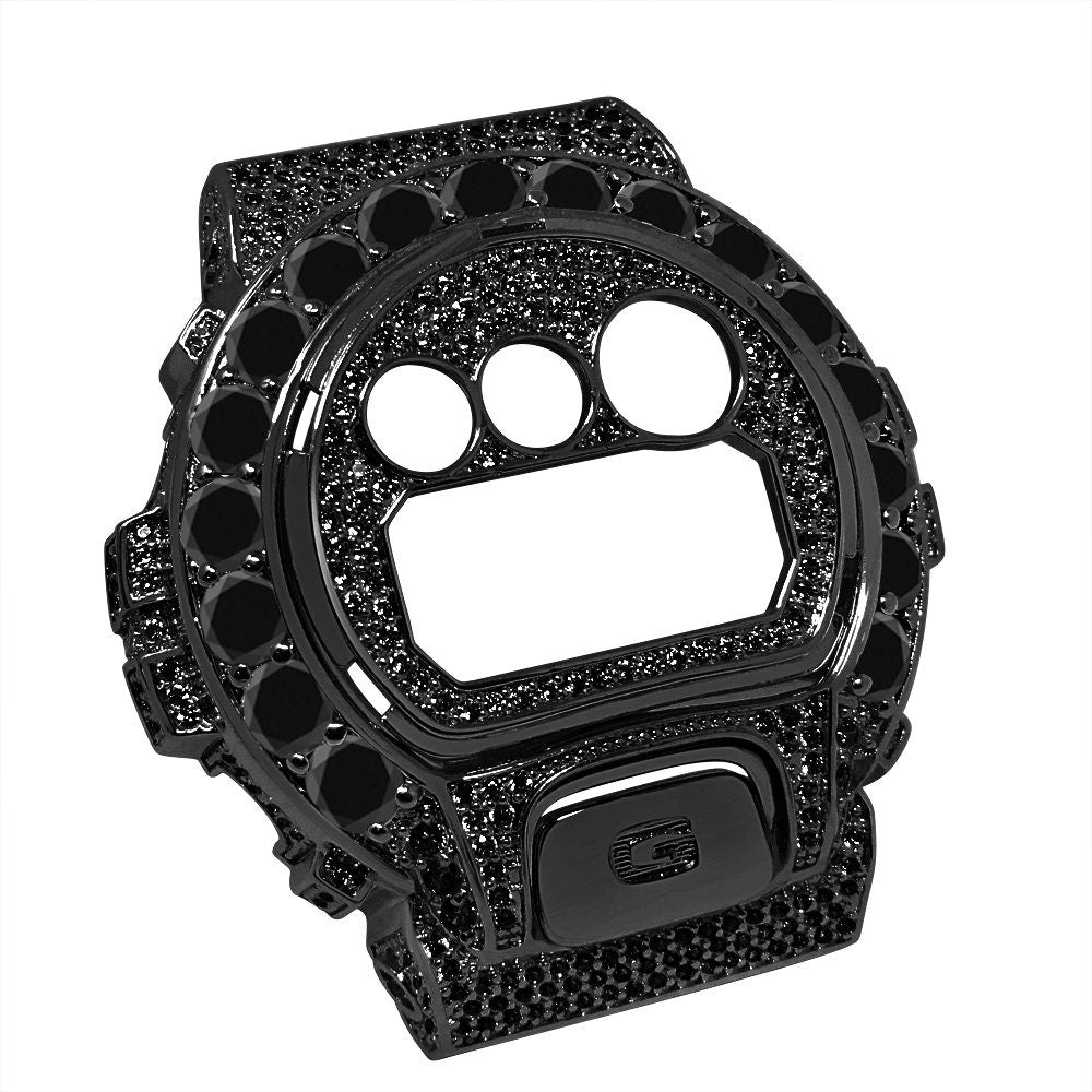 Solitaire Black Gold G Shock DW-6900 Simulated Diamond Watch Custom Cover Case Face Plate + Bezel + G Button 3 Piece Set