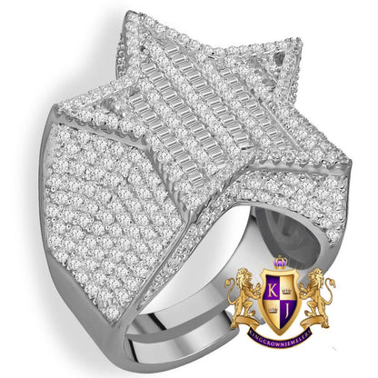 Big Bold Real Sterling Silver 14K White Gold Finish Lab Diamond Designer Baguette Men's Star Ring Band