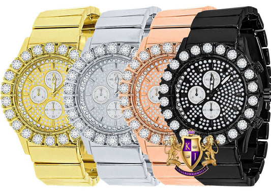 18k Gold Finish Simulated Diamond Stainless Steel Back Water Resistance Men's Metal Watch 44mm