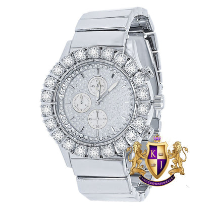 18k Gold Finish Simulated Diamond Stainless Steel Back Water Resistance Men's Metal Watch 44mm