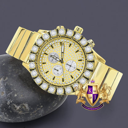 18k Gold Finish Simulated Diamond Stainless Steel Back Water Resistance Men's Metal Watch 44mm