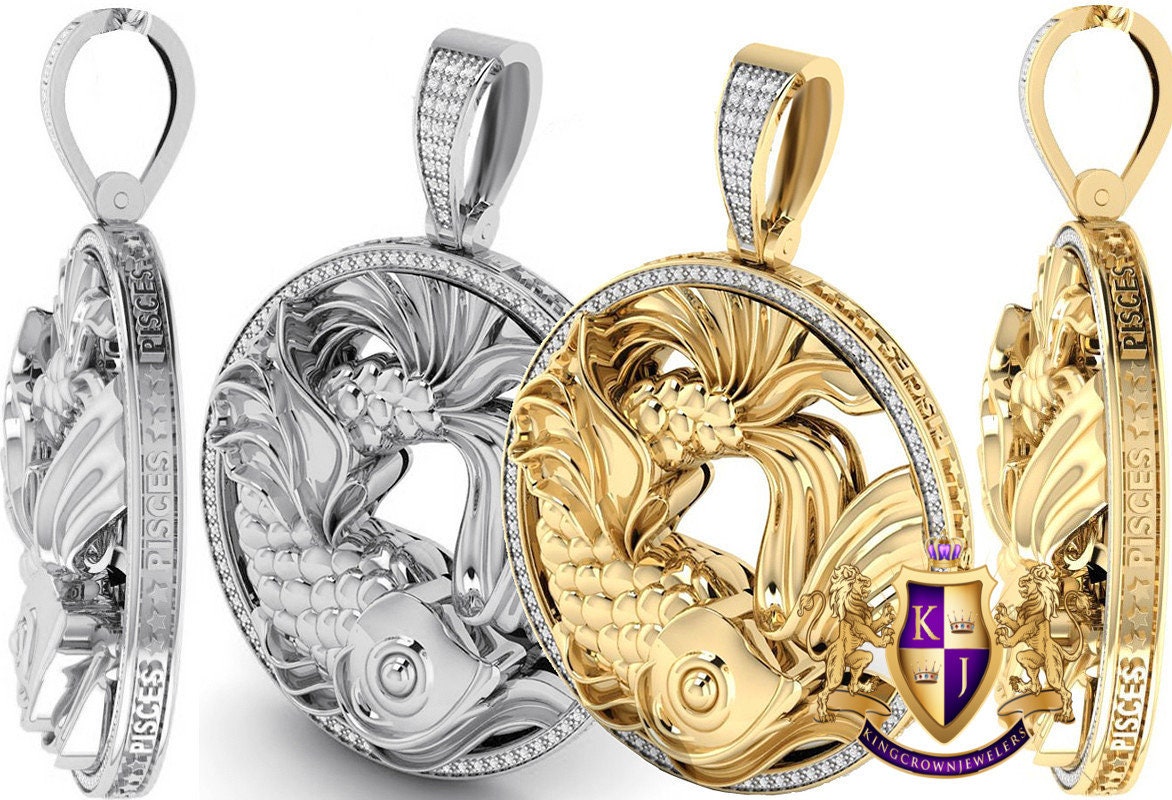 Real Genuine Authentic Diamond Pisces Fish Zodiac Lucky Sign Astrology Horoscope 3D Pendent Charm 10K Gold Finish