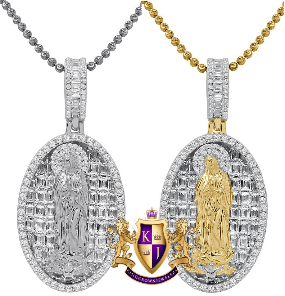 Baguette Real Genuine Sterling Silver Simulated Diamond 14K Gold Finish Virgin Mother Mary Frame Charm Pendent + Chain 2''