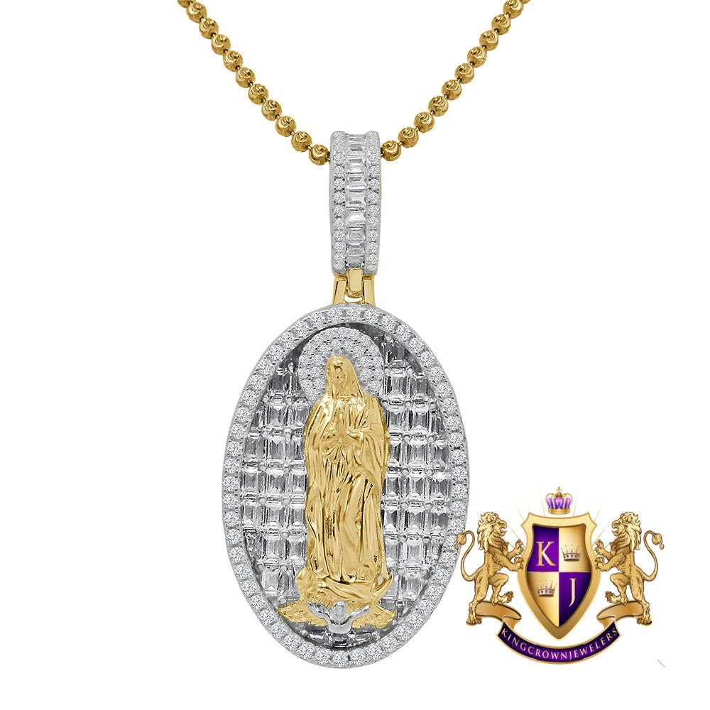 Baguette Real Genuine Sterling Silver Simulated Diamond 14K Gold Finish Virgin Mother Mary Frame Charm Pendent + Chain 2''