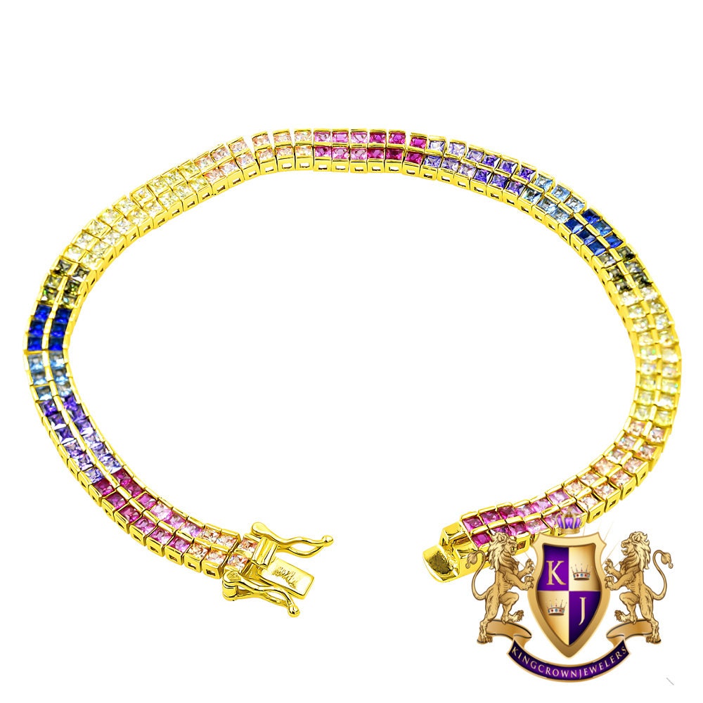 Real Genuine Sterling Silver Rainbow Multi Tone 14K Gold Over 8.00 Cwt. Baguette/Round Cut Simulated Diamond 2 Row Unisex Link Bracelet 6mm