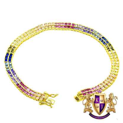 Real Genuine Sterling Silver Rainbow Multi Tone 14K Gold Over 8.00 Cwt. Baguette/Round Cut Simulated Diamond 2 Row Unisex Link Bracelet 6mm