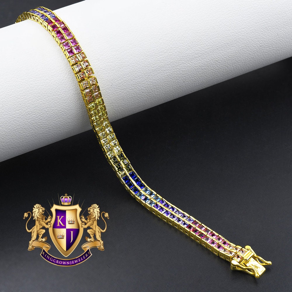 Real Genuine Sterling Silver Rainbow Multi Tone 14K Gold Over 8.00 Cwt. Baguette/Round Cut Simulated Diamond 2 Row Unisex Link Bracelet 6mm