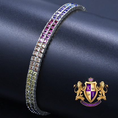 Real Genuine White Gold On Sterling Silver Baguette 8 Cwt. Rainbow Multi Tone 2 Row Unisex Link Bracelet 6mm