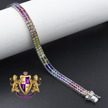 Real Genuine White Gold On Sterling Silver Baguette 8 Cwt. Rainbow Multi Tone 2 Row Unisex Link Bracelet 6mm