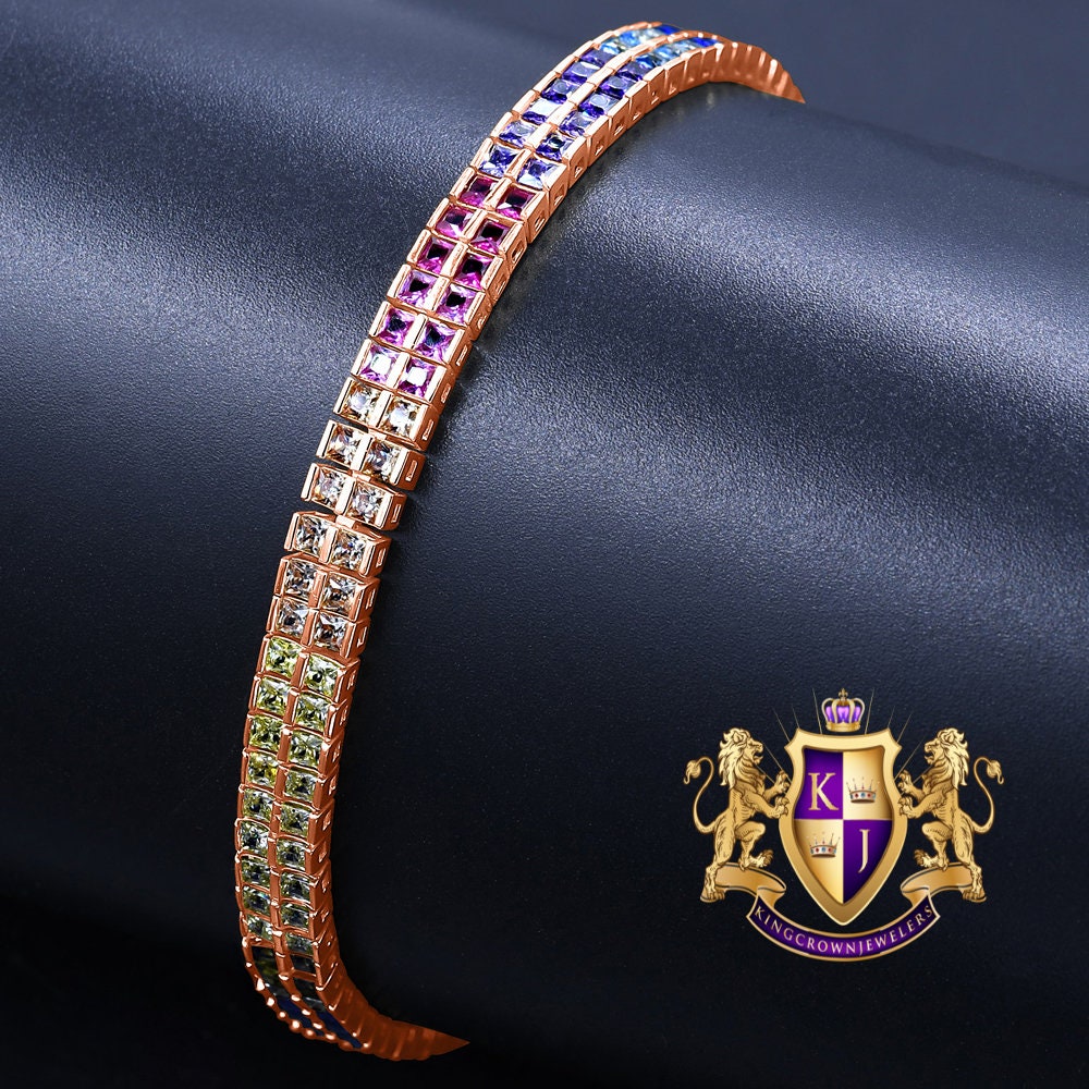 14K Rose Gold On Real Genuine Sterling Silver Baguette 8 Cwt. Rainbow Multi Tone 2 Row Unisex Link Bracelet 6mm