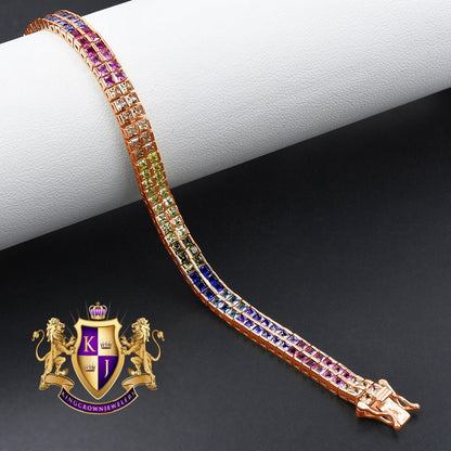 14K Rose Gold On Real Genuine Sterling Silver Baguette 8 Cwt. Rainbow Multi Tone 2 Row Unisex Link Bracelet 6mm