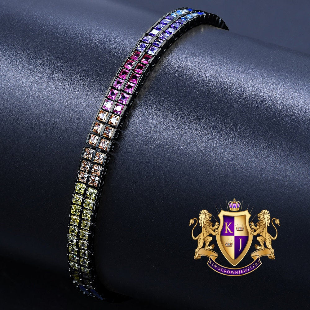 14K Black Gold On Real Genuine Sterling Silver Baguette 8 Cwt. Rainbow Multi Tone 2 Row Unisex Link Bracelet 6mm