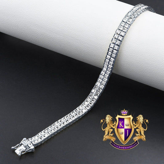 14K White Gold Over Real Genuine Sterling Silver Baguette 8 Cwt. Simulated Diamond 2 Row Unisex Link Bracelet 6mm