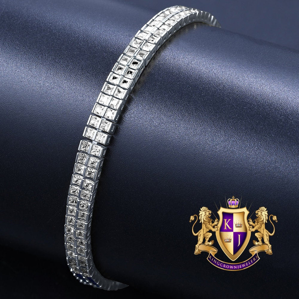 14K White Gold Over Real Genuine Sterling Silver Baguette 8 Cwt. Simulated Diamond 2 Row Unisex Link Bracelet 6mm