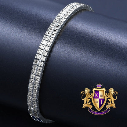 14K White Gold Over Real Genuine Sterling Silver Baguette 8 Cwt. Simulated Diamond 2 Row Unisex Link Bracelet 6mm