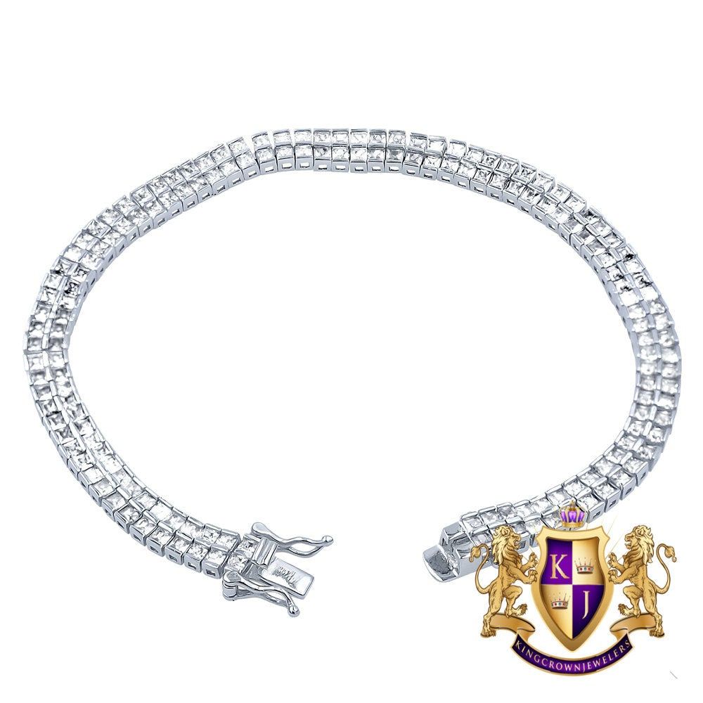 14K White Gold Over Real Genuine Sterling Silver Baguette 8 Cwt. Simulated Diamond 2 Row Unisex Link Bracelet 6mm