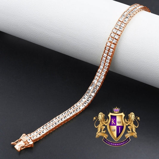14K Rose Gold Over Real Genuine Sterling Silver Baguette 8 Cwt. Simulated Diamond 2 Row Unisex Link Bracelet 6mm