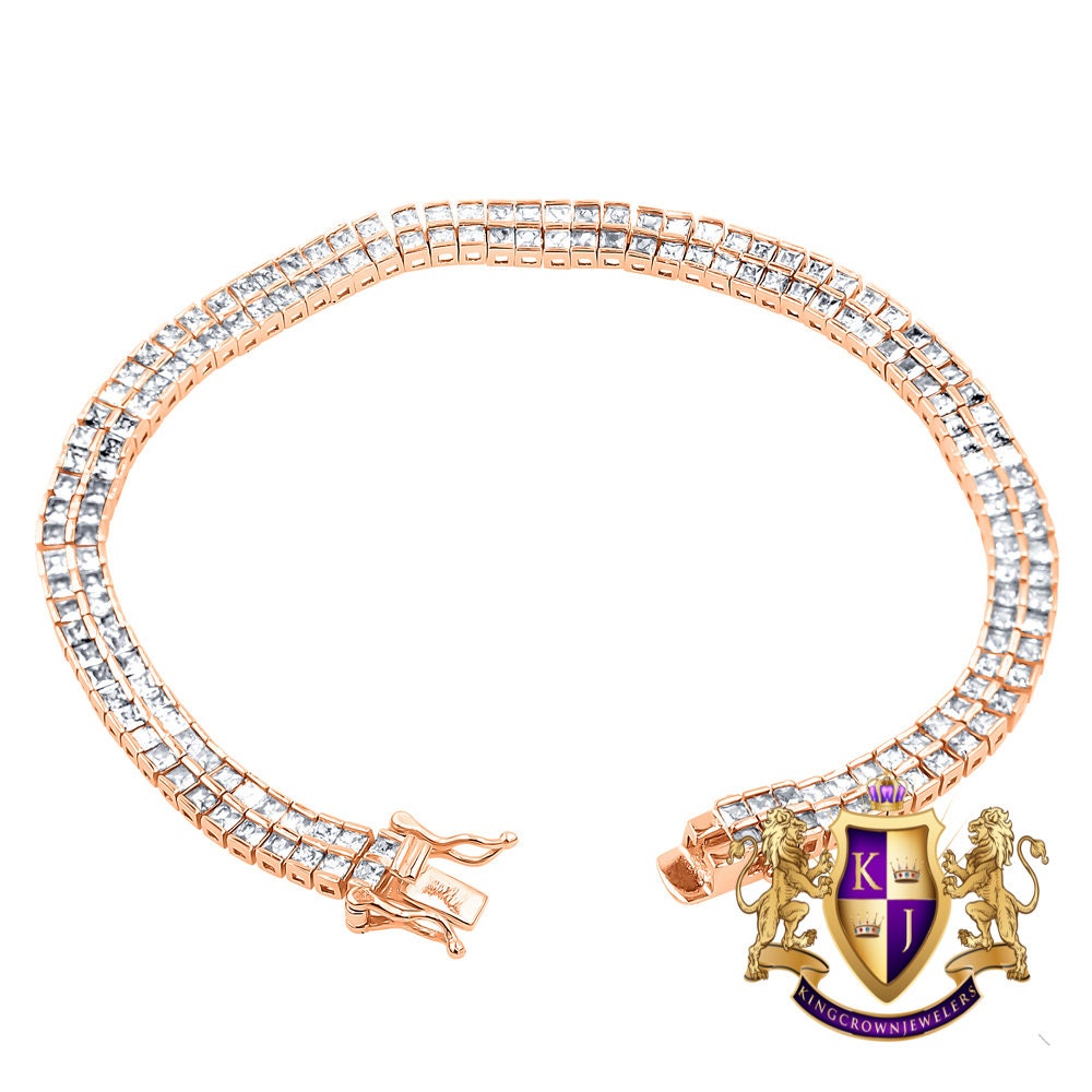 14K Rose Gold Over Real Genuine Sterling Silver Baguette 8 Cwt. Simulated Diamond 2 Row Unisex Link Bracelet 6mm