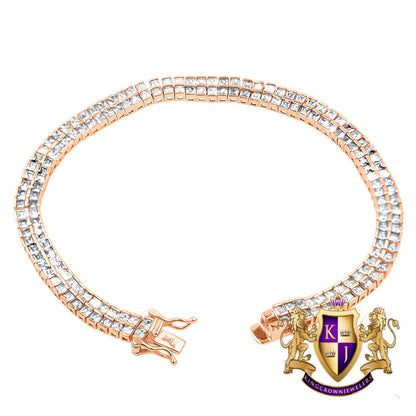 14K Rose Gold Over Real Genuine Sterling Silver Baguette 8 Cwt. Simulated Diamond 2 Row Unisex Link Bracelet 6mm