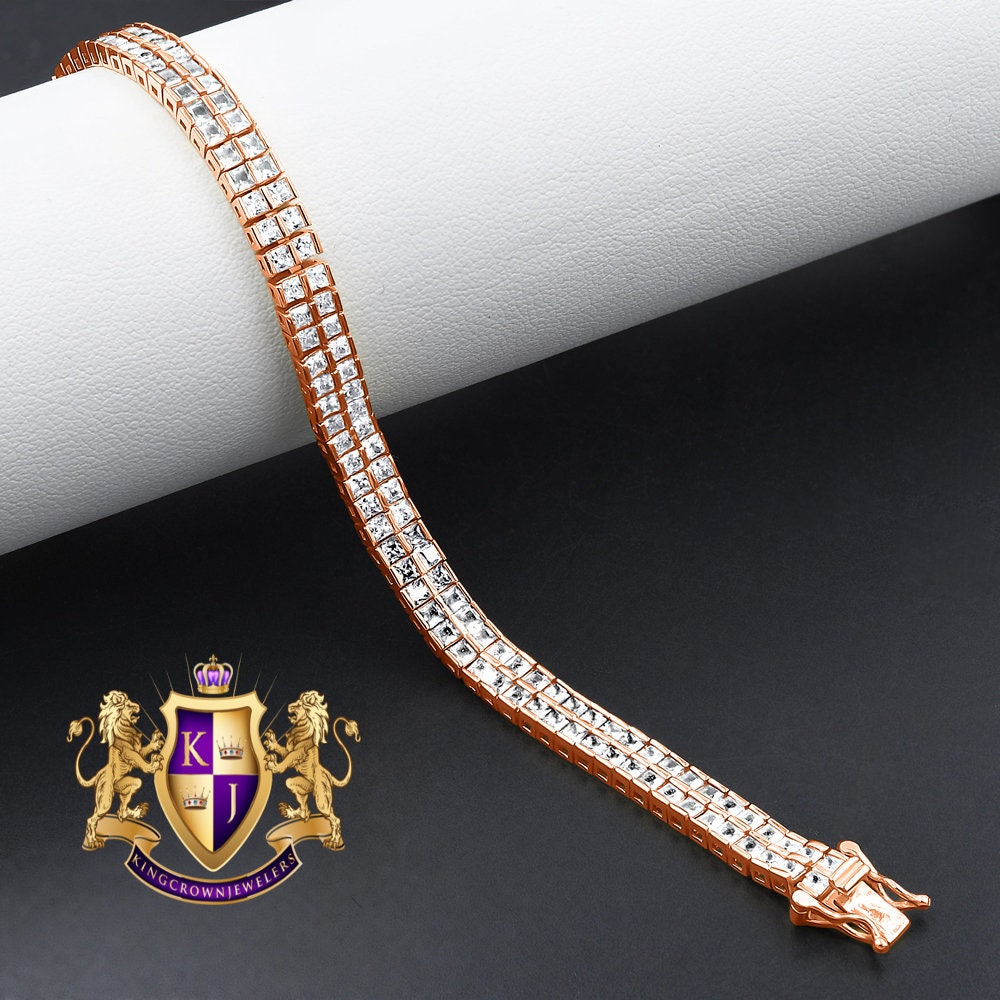 14K Rose Gold Over Real Genuine Sterling Silver Baguette 8 Cwt. Simulated Diamond 2 Row Unisex Link Bracelet 6mm