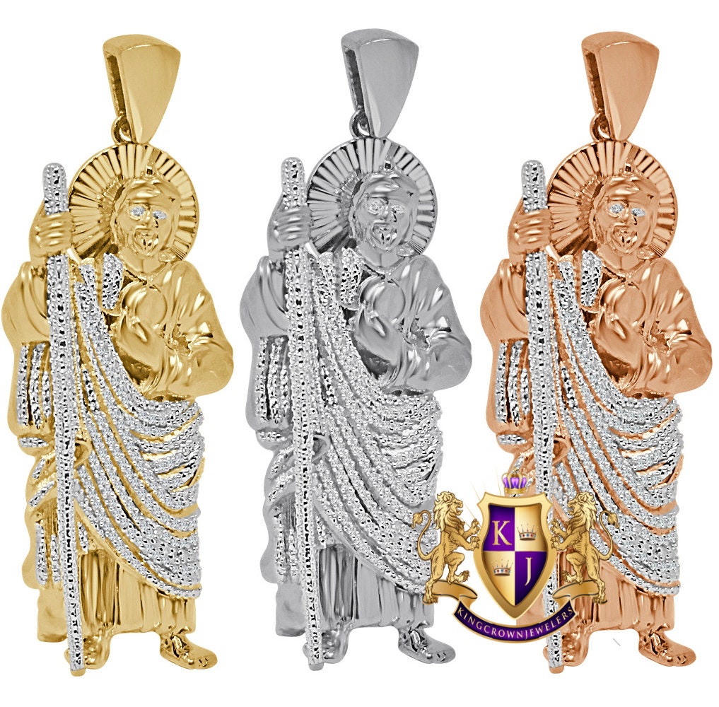 Men's Real Genuine Authentic Diamond 0.50 Cwt. 29+ Grams Saint Jude San Judas Tadeo Charm 10K Solid Gold Over Jesus Religious Pendant 2.75''