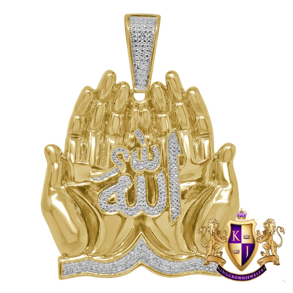 Real Genuine Authentic Natural Diamond Praying Hand Allah God Muslim Islamic Arabic Exclusive Custom Pendent 10K Gold Over Charm  23+ Grams