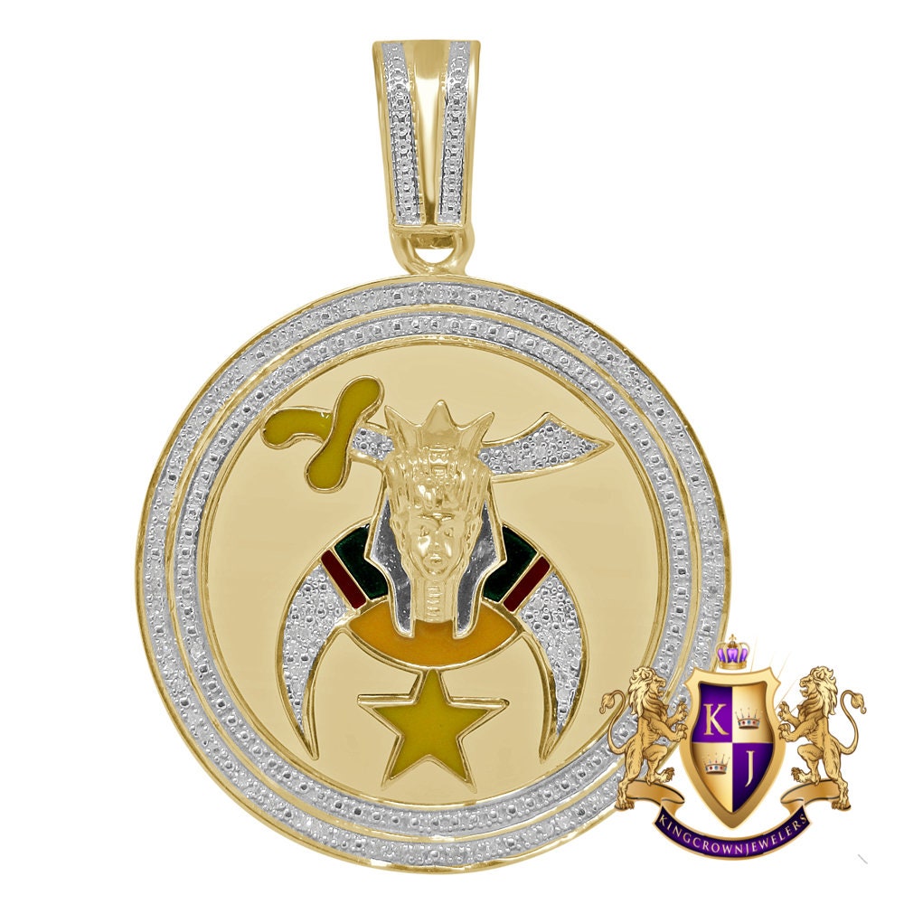 Men's Real Genuine Diamond 20+ Grams Shriners Freemasonry Masonic Freemason Pendent 10K Gold Over Charm 2.30''