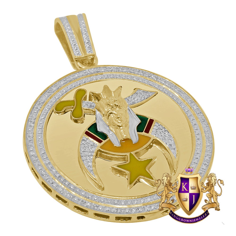 Men's Real Genuine Diamond 20+ Grams Shriners Freemasonry Masonic Freemason Pendent 10K Gold Over Charm 2.30''