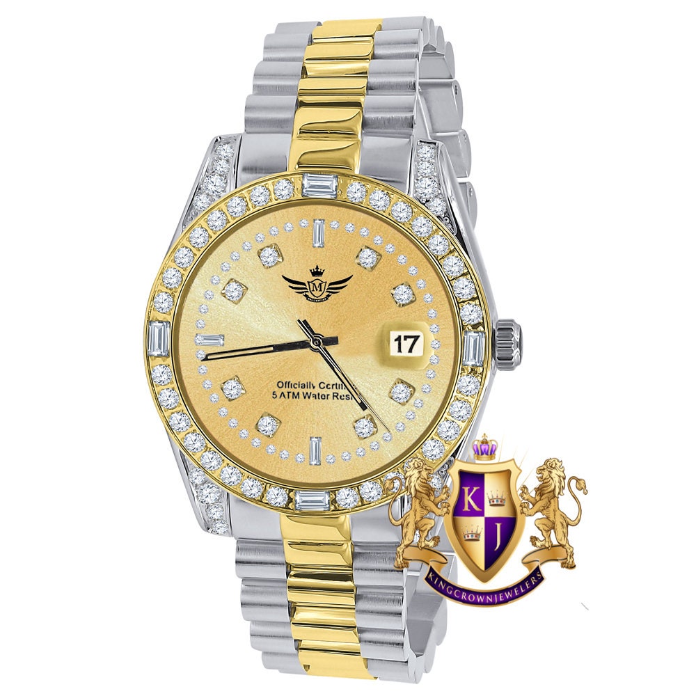 Men's Full Stainless Steel Black Dial 2 Tone Gold Dial Simulated Diamond 40mm Presidential Watch