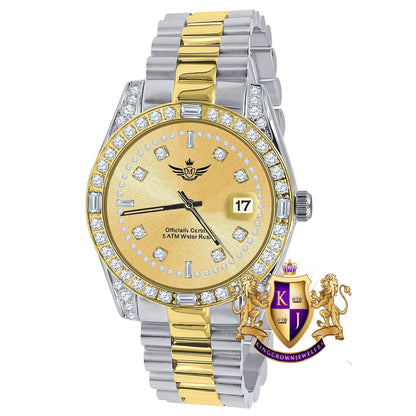 Men's Full Stainless Steel Black Dial 2 Tone Gold Dial Simulated Diamond 40mm Presidential Watch