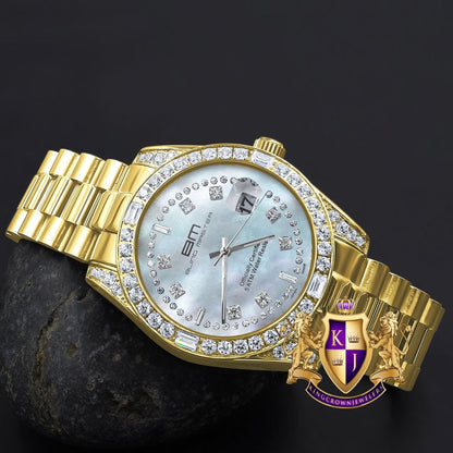 Men's Full Stainless Steel MOP Dial Gold Tone Simulated Diamond 40mm Presidential Watch