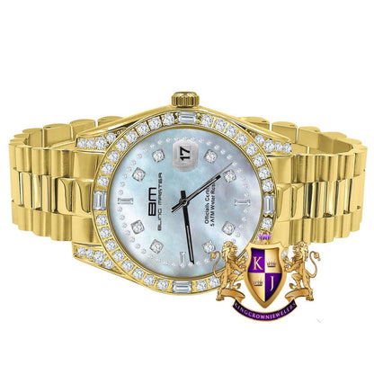 Men's Full Stainless Steel MOP Dial Gold Tone Simulated Diamond 40mm Presidential Watch
