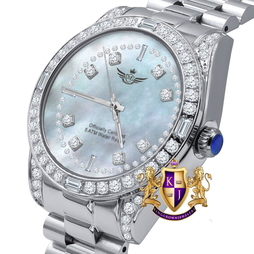 Men's Full Stainless Steel MOP Dial White Gold Tone Simulated Diamond 40mm Presidential Watch