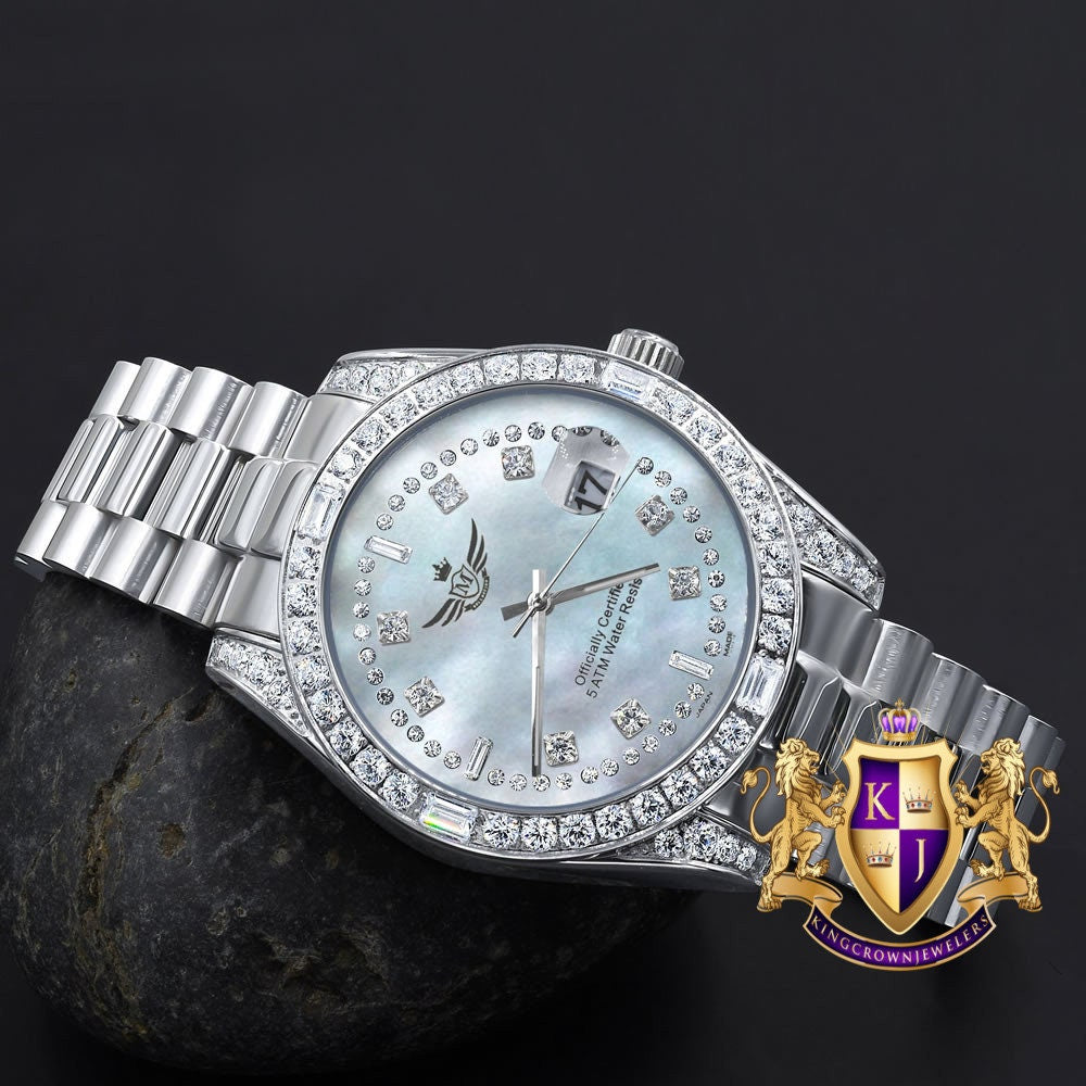 Men's Full Stainless Steel MOP Dial White Gold Tone Simulated Diamond 40mm Presidential Watch