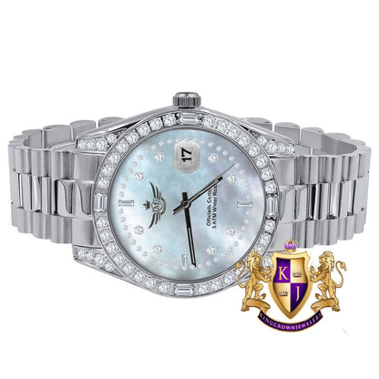 Men's Full Stainless Steel MOP Dial White Gold Tone Simulated Diamond 40mm Presidential Watch